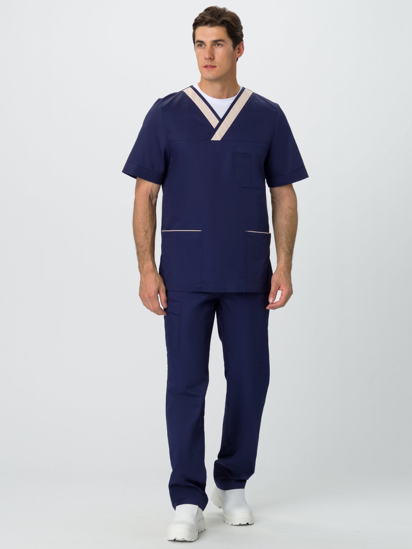 Костюм мужской медицинский Симпл-001 (тк.Смесовая,120) MedLine, т.синий/бежевый купить